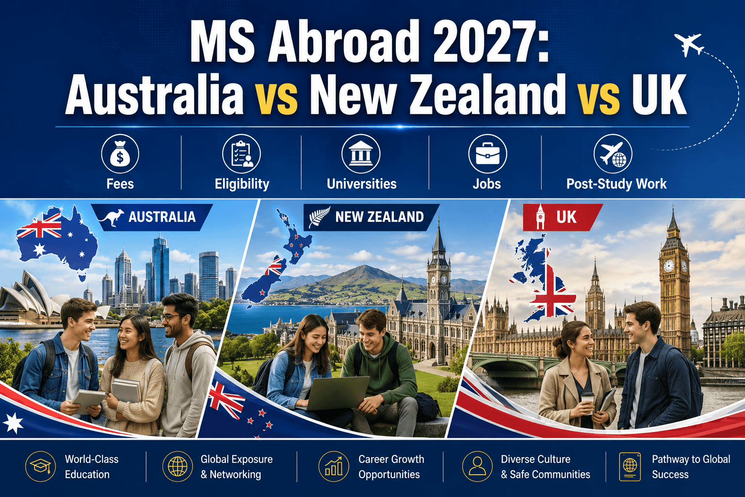 MS in Australia vs New Zealand vs UK in 2027: Fees, Eligibility, Jobs & Post-Study Work