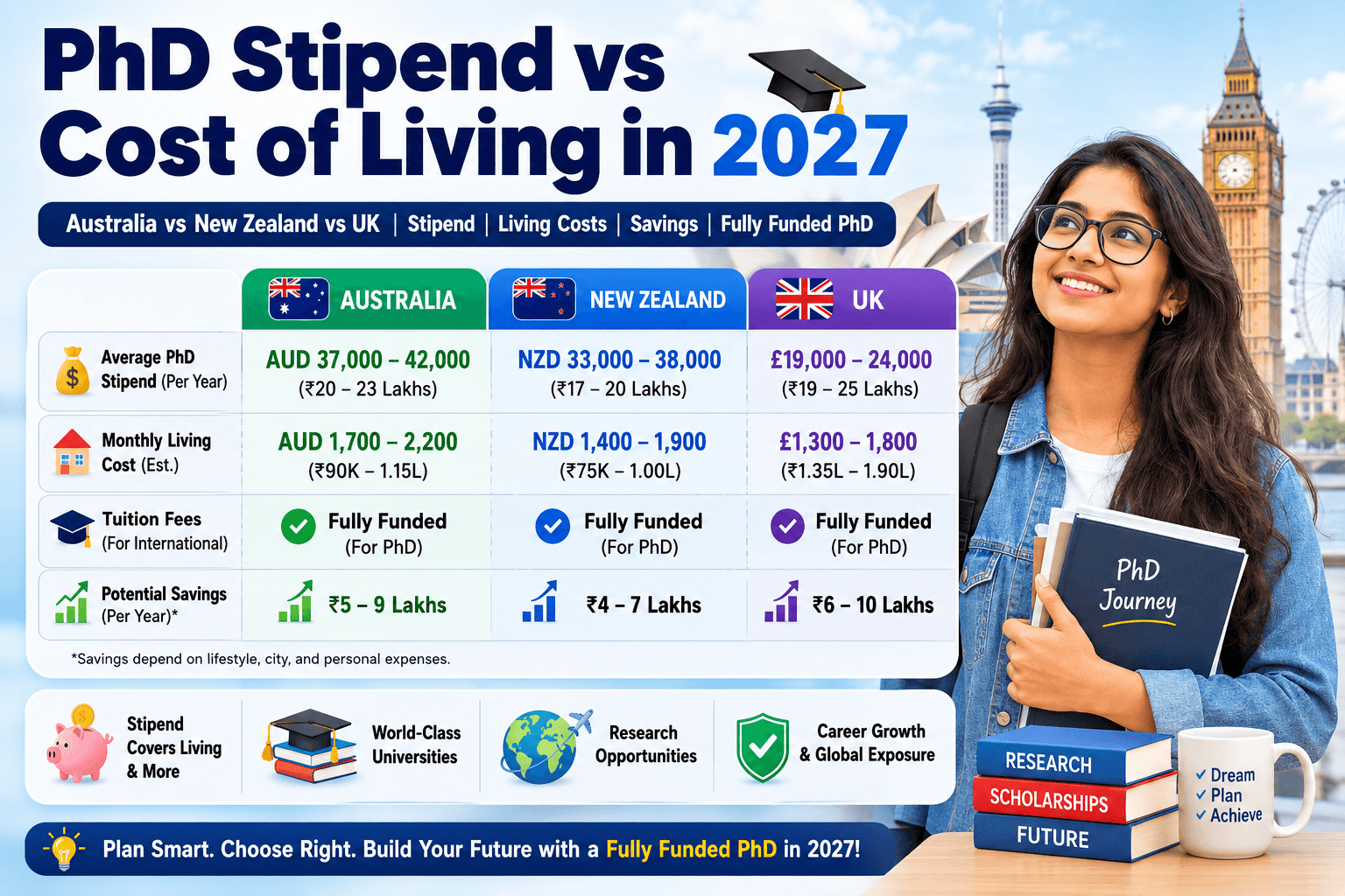 PhD Stipend vs Cost of Living in Australia, New Zealand and the UK 2027